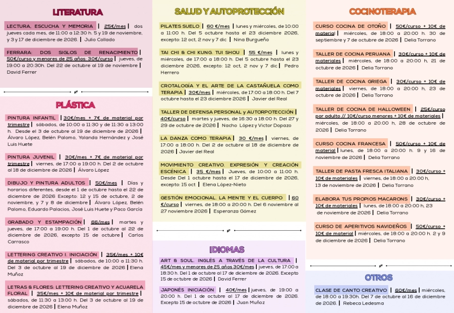 Ya está abierto el plazo de inscripción para nuestros cursos y talleres de octubre a diciembre de 2026.